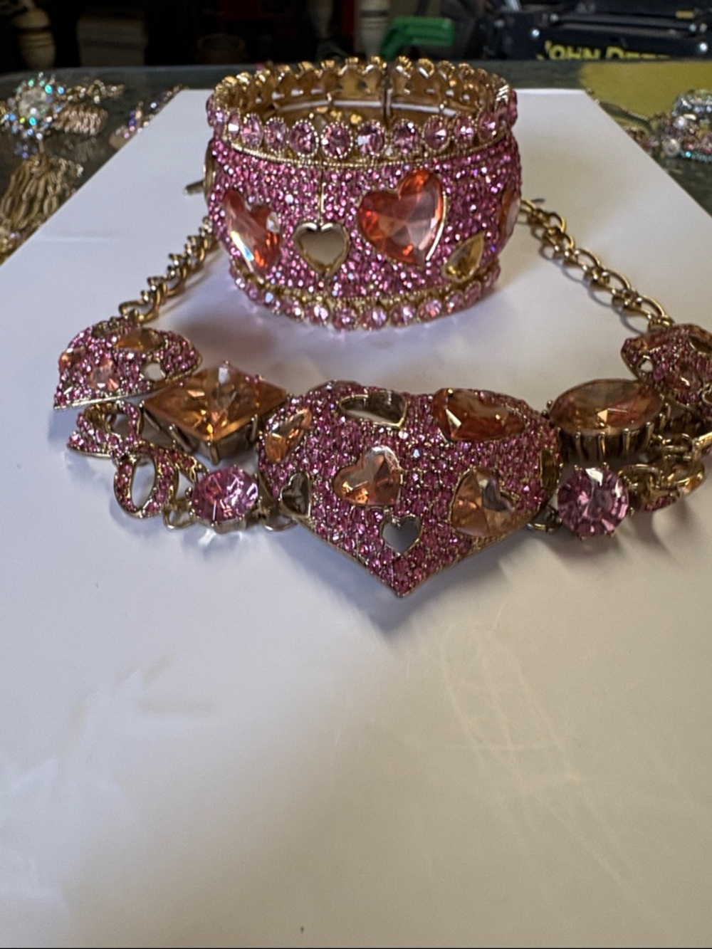 Betsey Johnson Gold-Tone Pink and Amber Heart Crystal Necklace and braclet